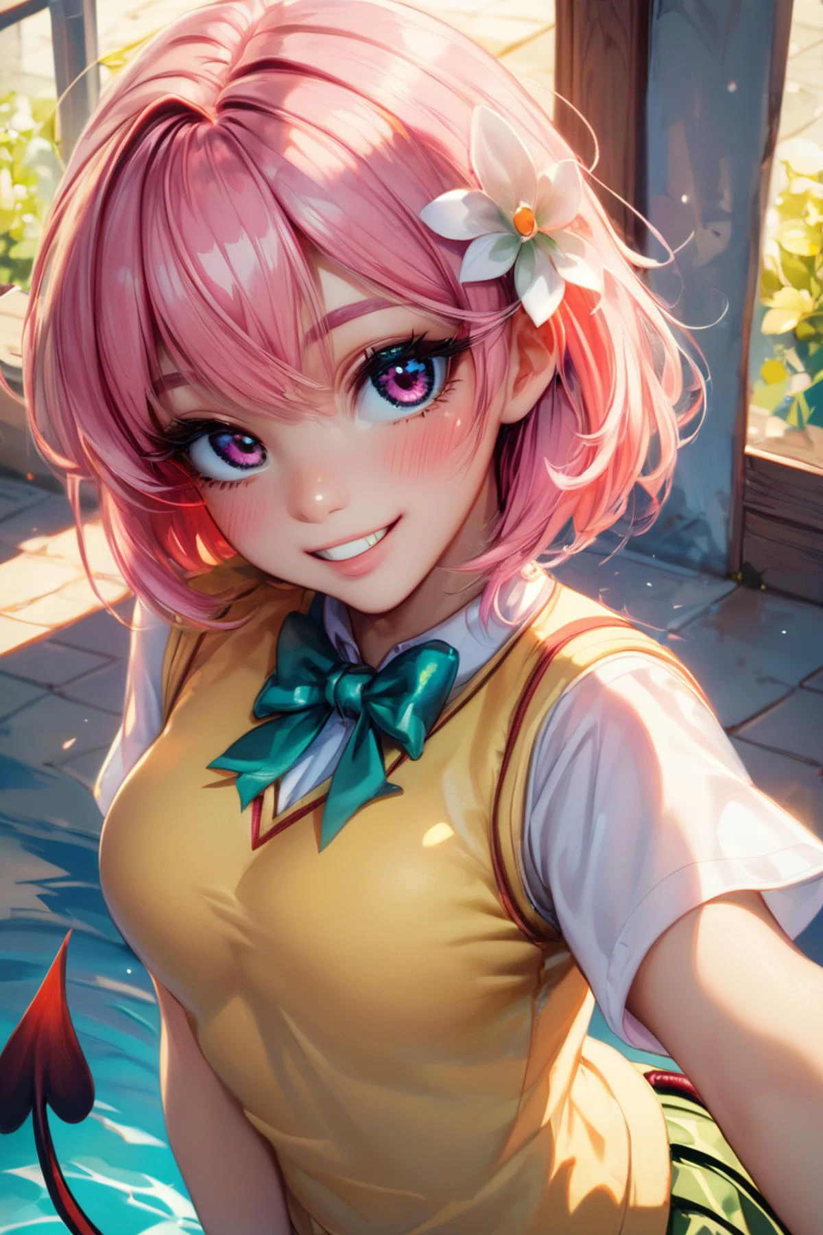 score_9, score_8_up, score_8, medium breasts, (curvy), cute, eyelashes,   1girl, solo, looking at viewer, tlrmomo, pink hair, hair flower, green bowtie, yellow sweater vest, white shirt, short sleeves, demon tail, standing, head tilt, curvy, smile, blush,