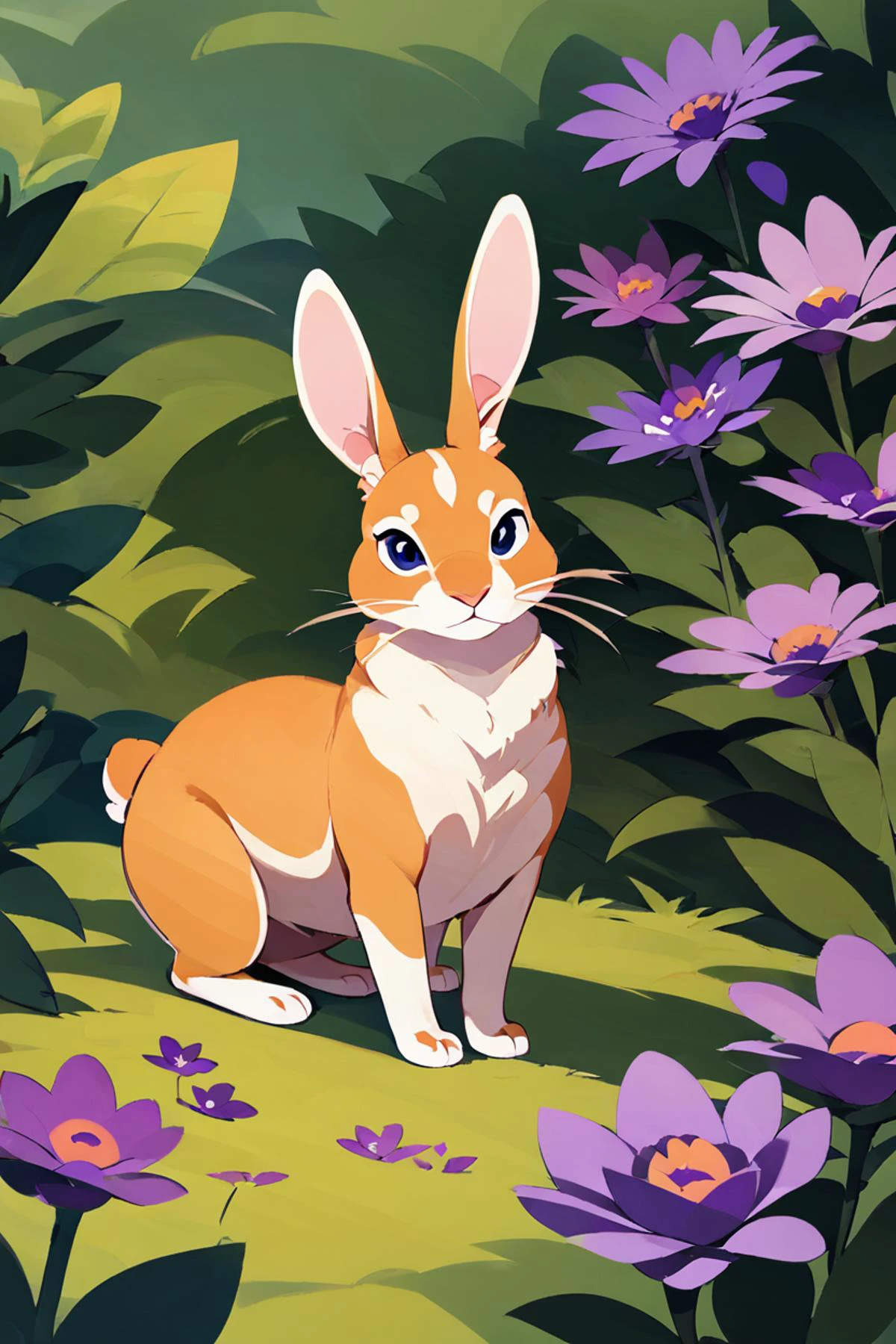 score_9, score_8_up, score_8,  solo, looking at viewer, full body, flower, outdoors, no humans, animal, rabbit, grass, plant, purple flower, animal focus,  