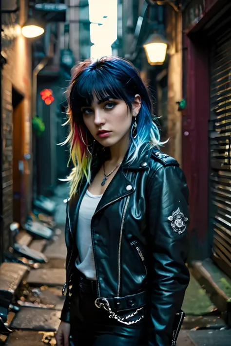 arafed woman with blue hair and a leather jacket standing in a alleyway