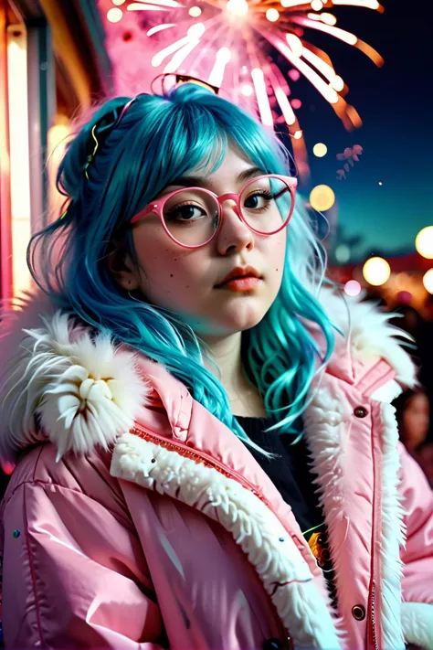 a nerdy chubby girl wearing glasses with blemished skin and multicolored hair, (wolfcut:1.1), very long hair,  layered hair, (ba...