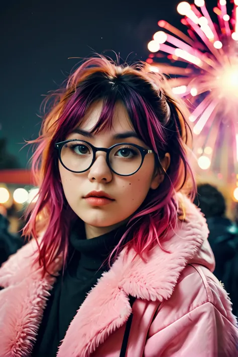 a nerdy chubby girl wearing glasses with blemished skin and multicolored hair, (wolfcut:1.1), very long hair,  layered hair, (ba...