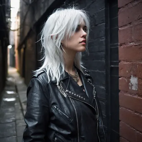 arafed woman with white hair and black leather jacket standing in alleyway