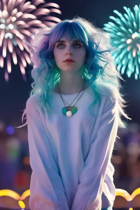 a close up of a person with blue hair and a necklace