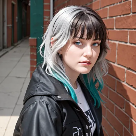 arafed woman with blue hair and black jacket standing in front of a brick wall