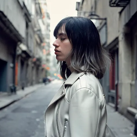 1girl, portrait, wolfcut, bangs, long layered hair, pure white hair, from side, side profile,
(Wrapped in a sleek leather jacket, accentuated by silver studs and chains, emanating a fierce and edgy aura), (A dimly lit alleyway, with shadows lurking in the corners, exuding an atmosphere of calculated intensity: 1.3), (seductive:1.3),(analog, cinematic, film grain, hazy atmosphere, cinematic shot:1.3),
 <lora:concept_hairstyle_wolfCut_sd15_v1-wolfCut:0.6>