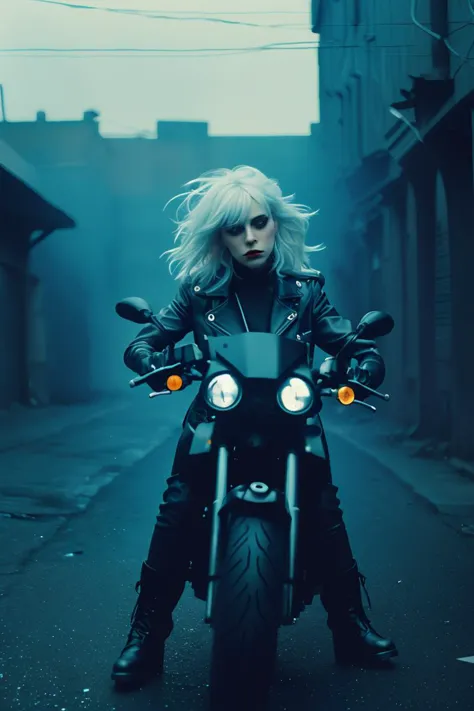 blond woman in leather jacket sitting on motorcycle in urban setting