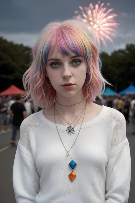 arafed woman with pink hair and a necklace with a blue and orange pendant