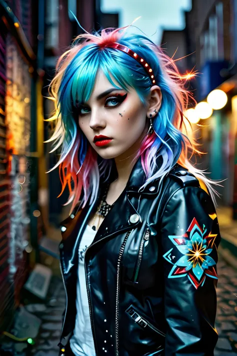 beautiful girl with multicolored hair, (wolfcut:1.1), very long hair,  layered hair, (bangs:0.7),  (disheveled:1.3),
(wrapped in...