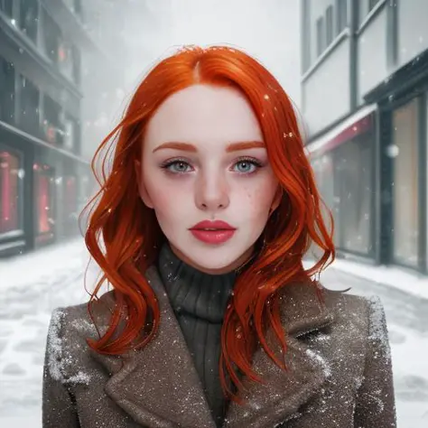 professional portrait photograph of cliorecinelli in winter clothing with red hair, freckles, beautiful symmetrical face, cute n...