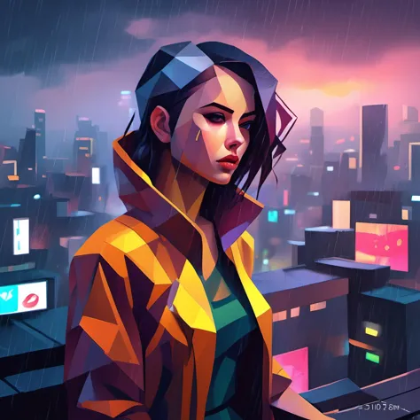 cubsimart, painting, girl,<lora:CubismArt:1>, cyberpunk, in heavy raining futuristic tokyo rooftop cyberpunk night, sci-fi, fant...