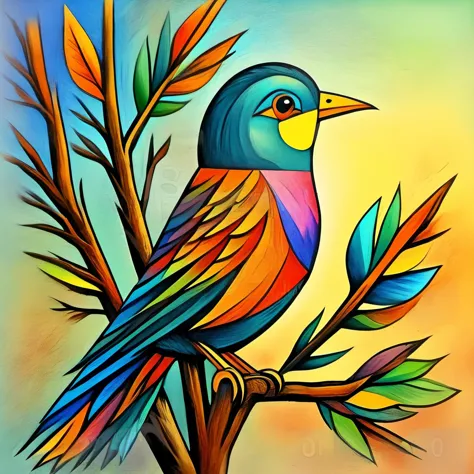 cubsimart, painting,bird, with long detailed feathers, perching on a tree branch, bright colors, high contrast, vivid lighting, ...