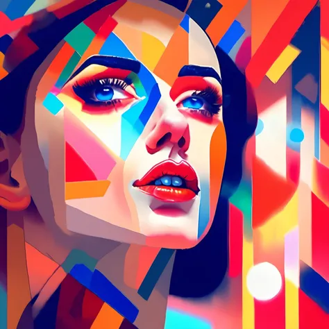 cubsimart, painting, closeup girl face, blue eyes, eyelashes, red lips,multicoloured background,<lora:CubismArt:1>
