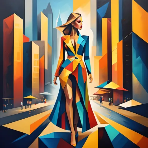 cubsimart, painting, girl,<lora:CubismArt:1>, photograph of a Fashion model, full body, highly detailed and intricate, golden ra...
