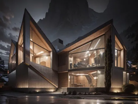 architectural concrete_finish, modern house, fair-face concrete, concrete, street view, in the mountains (masterpiece) <lora:architecturalconcrete-v1:0.8>