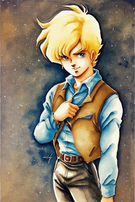 solo,blonde hair,male focus,1boy,blue eyes,vest,watercolor (medium),painting (medium),traditional media,pants,long sleeves,short...