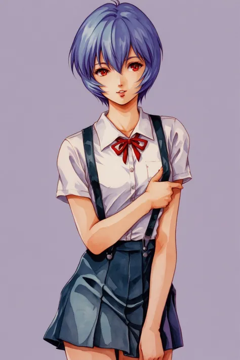 1girl,ayanami rei,solo,red eyes,short hair,school uniform,blue hair,tokyo-3 middle school uniform,signature,short sleeves,hair b...