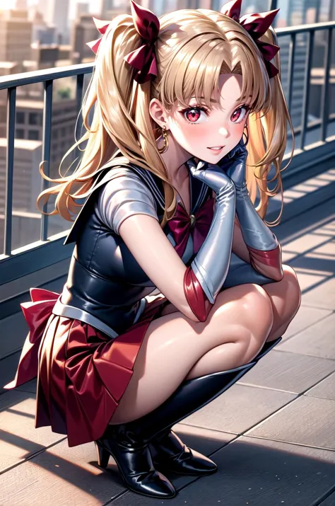 anime girl with long blonde hair and red dress crouching down