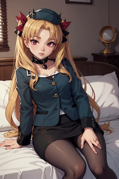 anime girl sitting on a bed with a black skirt and a green jacket