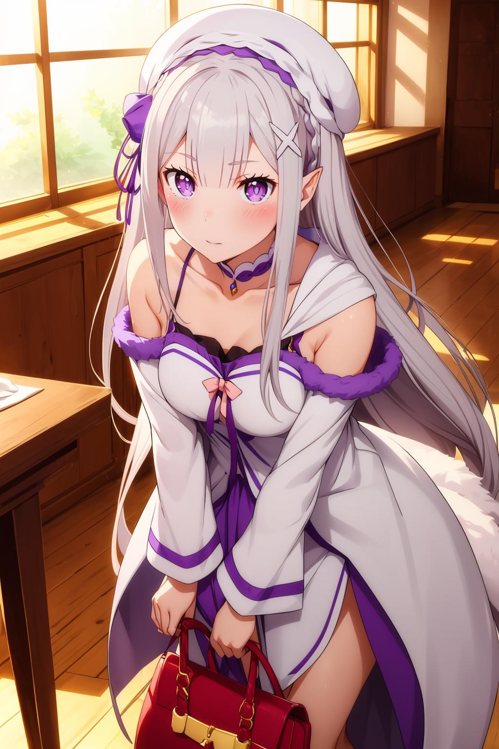 1girl,emilia (re:zero),pointy ears,grey hair,white hair,very long hair -  SeaArt AI