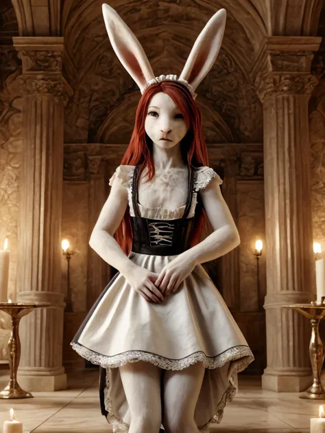 arafed woman in a white dress with red hair and bunny ears