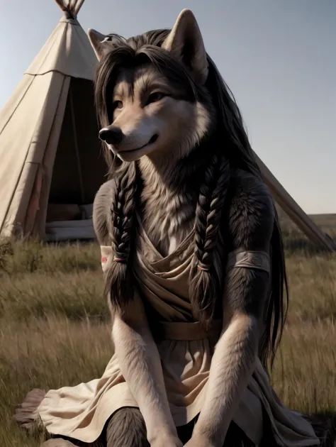 a close up of a person in a costume with a wolf on a field