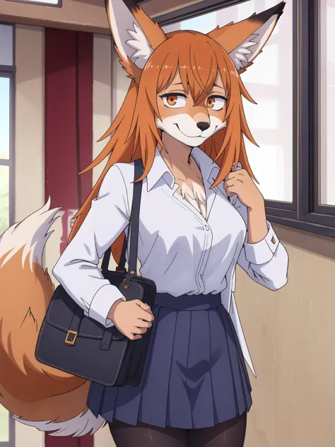 (masterpiece:1.2, best quality:1.1, highres,absurdres, high quality),(photorealistic:1.1),reflected light, colorful,ultra-detailed, ultra hd, super detailed,
gamo, long hair, orange hair, orange eyes, brown hair,  smirk,  fox tail, (fox girl),fox ears, skirt,white shirt, pantyhose, (furry),open shirt,  unbuttoned shirt, bodyfur,school hallway, school uniform,handbag, 
<lora:Gamo_ChanV1.3:0.6> <lora:LowRA:0.3>   <lora:school_hallway_v0.1:0.4>