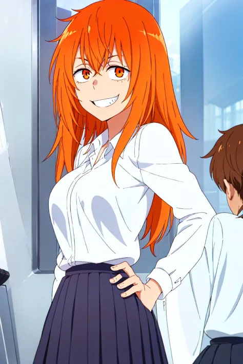 best quality, masterpiece, 1girl, solo, school uniform, orange hair, orange eyes,evil smile, , <lora:Gamo Chan:0.8>, dress shirt, pleated skirt