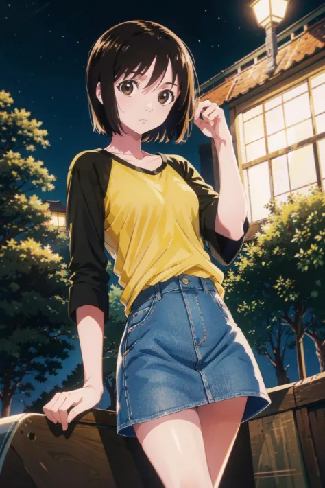 nakahara_misaki, two-tone shirt, denim skirt, outdoors, park, night, <lora:merrytail_nakahara-misaki_v10-05:1>