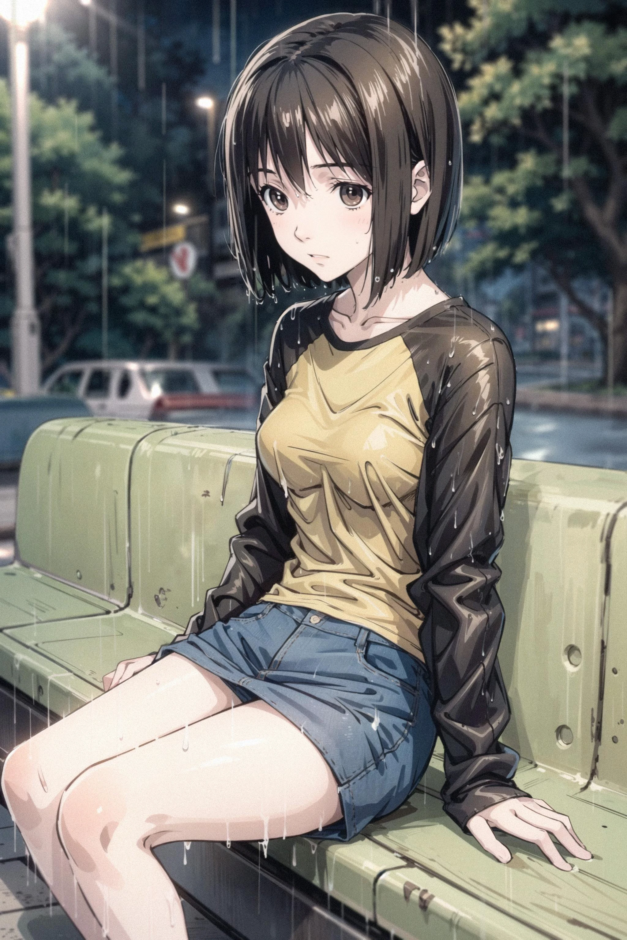 nakahara_misaki, two-tone shirt, denim skirt, outdoors, park, night, bench, sitting, dark, raining, wet clothes, 
