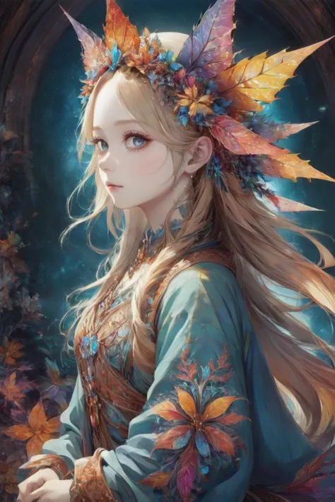 a girl with long hair and a flower crown in her hair