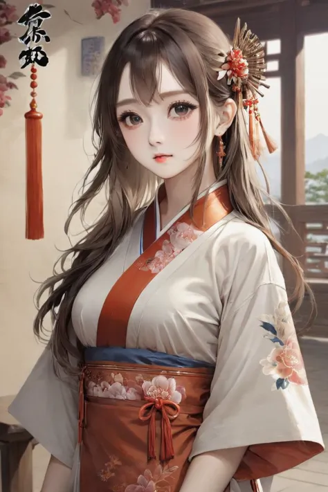 a woman in a kimono dress with a red and white flower in her hair