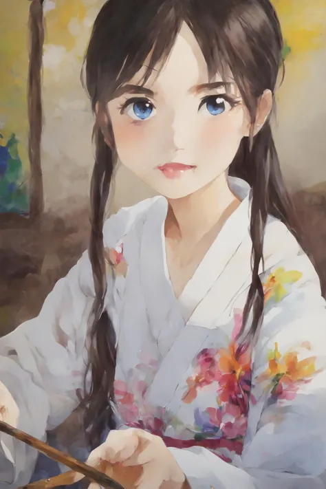 painting of a woman in a kimono outfit holding chopsticks