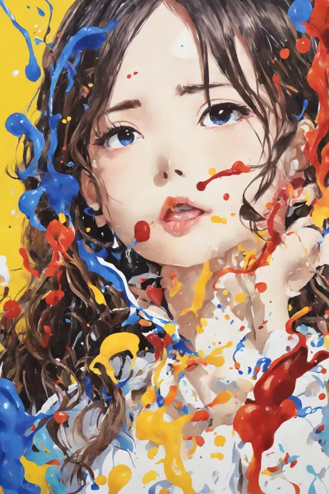 painting of a girl with paint splatters on her face