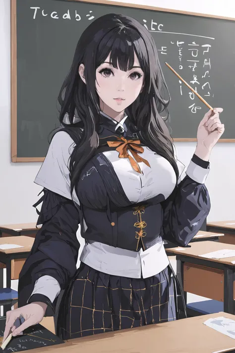 masterpiece, best quality, 1girl,  <lora:kwFemale_Beta40-SDXL_v1:1>, asian, waifu, cleavage, teacher,classroom,blackboard,pointe...