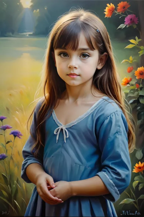 a painting of a little girl standing in a field of flowers