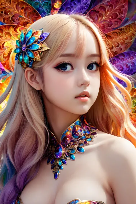 a woman with long blonde hair and colorful hair wearing a dress