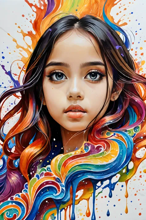 a painting of a girl with colorful hair and a rainbow swirl