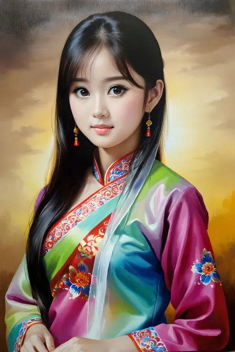 a painting of a woman in a colorful dress with long hair