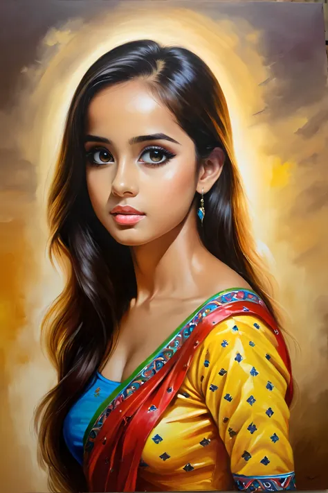 a painting of a woman in a yellow sari and blue blouse