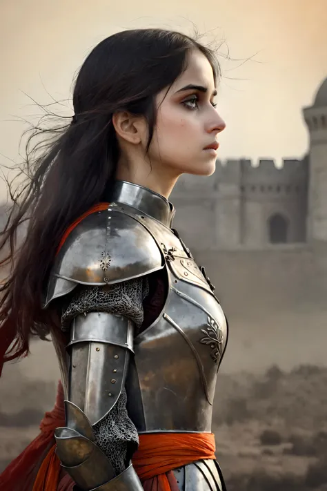 a close up of a woman in armor with a castle in the background