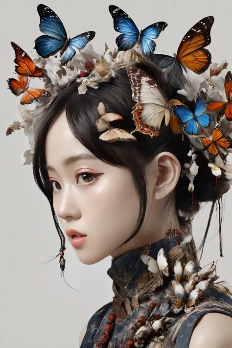 a close up of a woman with a butterfly headpiece on