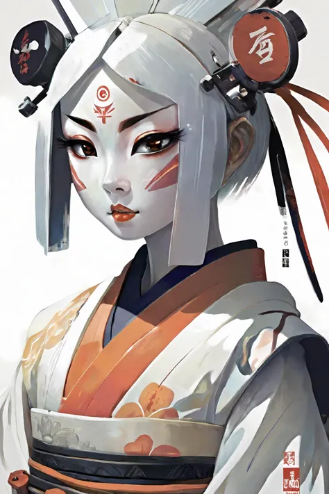 masterpiece, best quality, 1girl,  <lora:kwFemaleBeta42_SDXL_v1:1>, 
upper body, cyborg geisha samurai white face, symmetrical p...