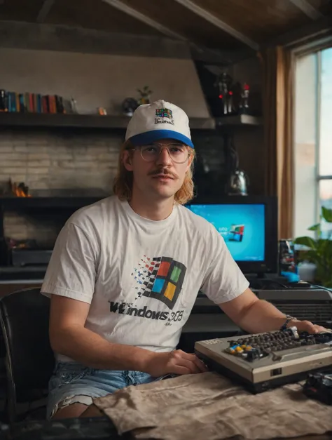 there is a man sitting at a table with a computer and a keyboard