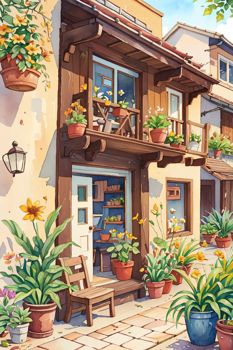 Flower store, coffee spot, tables, chairs, no one, windows, flowers, plants, potted plants, watercolor (medium), landscapes, doors, air conditioning, paintings (medium), traditional media, houses, outdoors, balconies, architecture, 