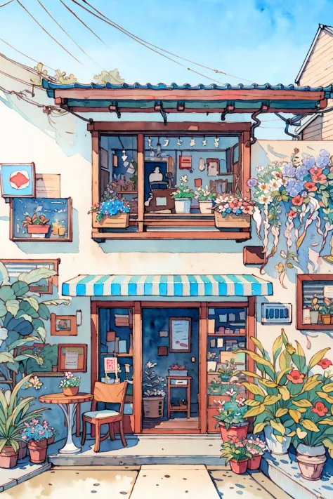 Flower store, coffee spot, tables, chairs, no one, windows, flowers, plants, potted plants, watercolor (medium), landscapes, doors, air conditioning, paintings (medium), traditional media, houses, outdoors, balconies, architecture,  <lora:Pastel color:0.85...