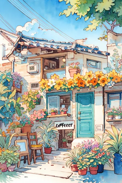 Flower store, coffee spot, tables, chairs, no one, windows, flowers, plants, potted plants, watercolor (medium), landscapes, doors, air conditioning, paintings (medium), traditional media, houses, outdoors, balconies, architecture,  <lora:Pastel color:0.85...