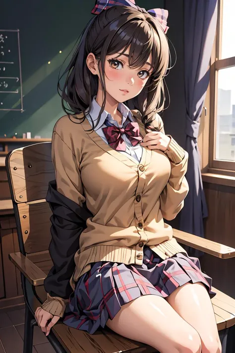 anime girl sitting on a bench in a school uniform