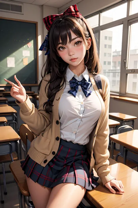 arafed asian woman in a school uniform sitting on a desk