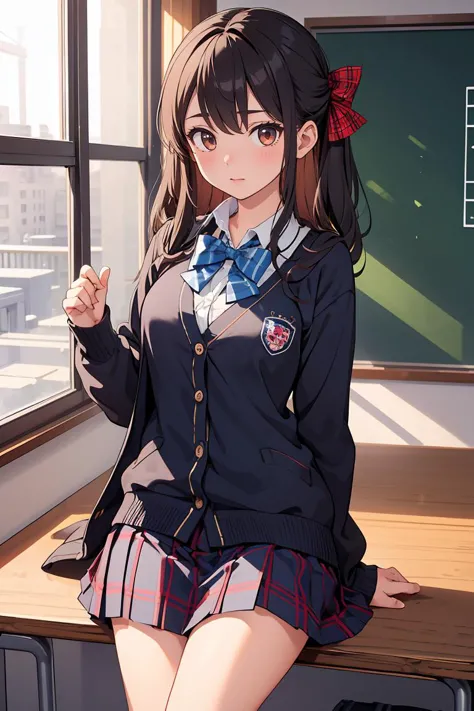 anime girl in school uniform sitting on a desk in front of a window