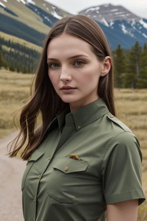 European woman, closeup, (shirt), pants, (rocky mountain national park), (), ZM_alessia, wide shoulders, perfect face, (contact iris: 1.1), pale skin, skin pores , depth of field